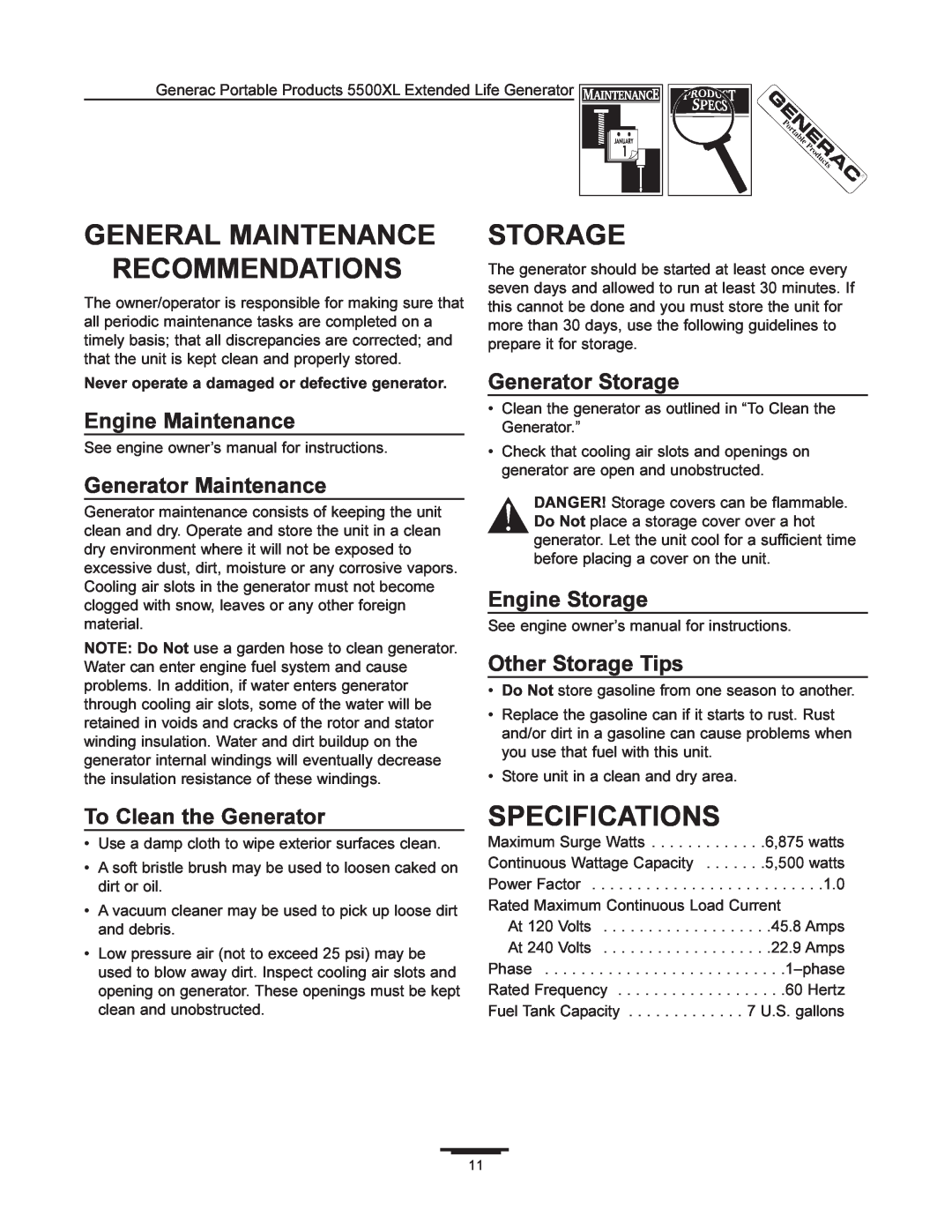 Generac 5500XL General Maintenance Recommendations, Storage, Specifications, Engine Maintenance, Generator Maintenance 