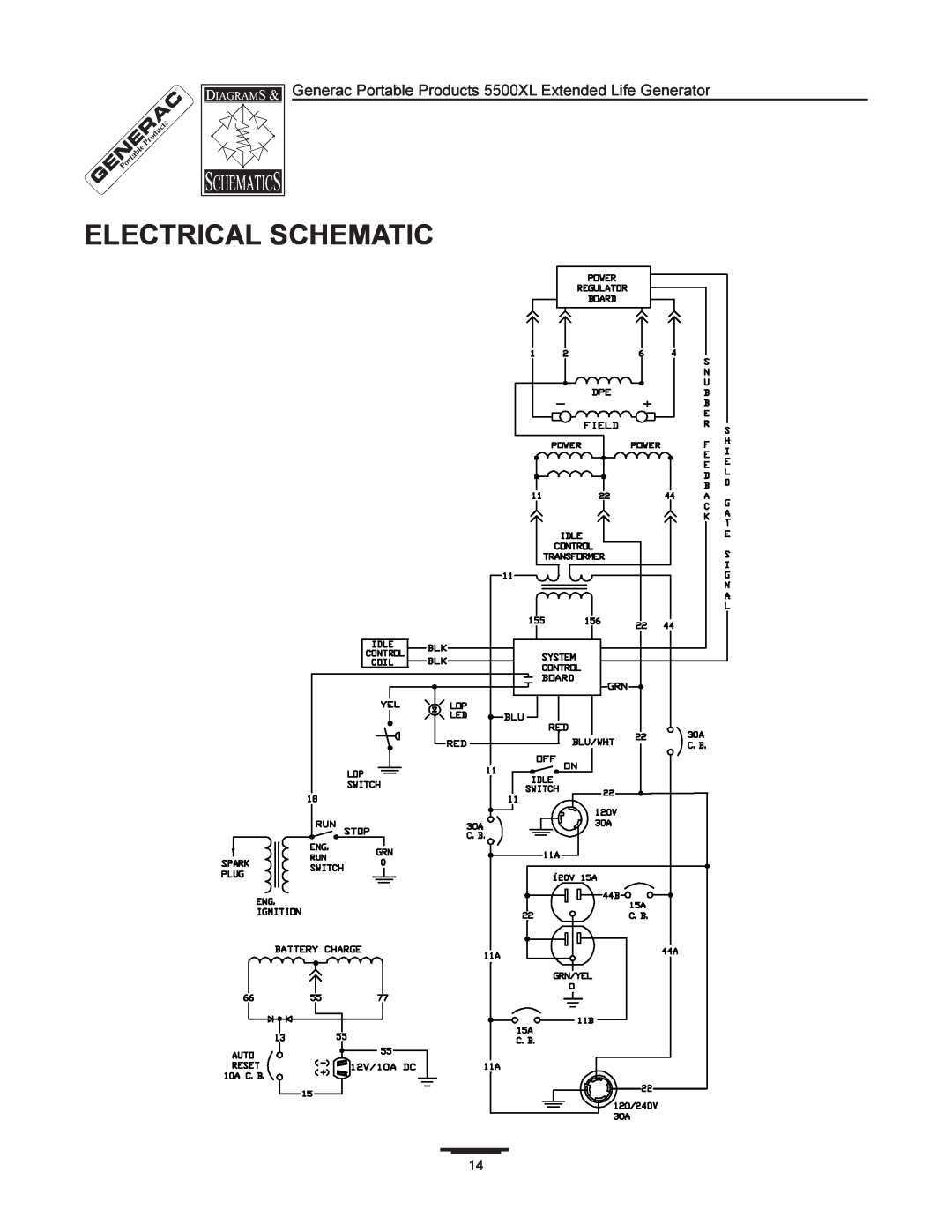Generac manual Electrical Schematic, Generac Portable Products 5500XL Extended Life Generator 