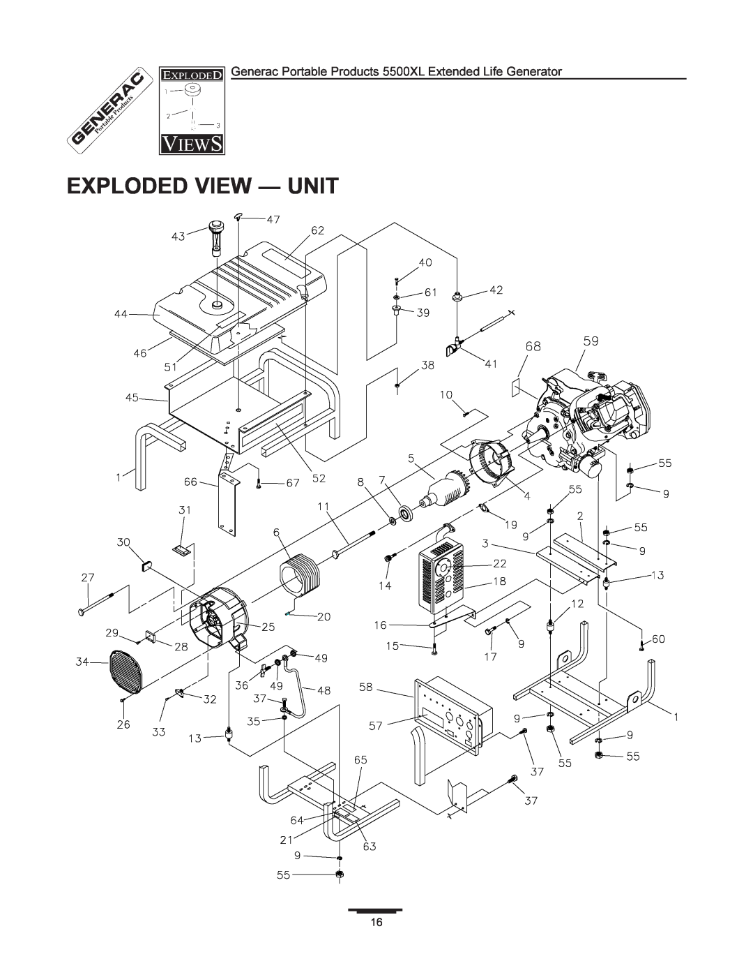 Generac manual Exploded View - Unit, Generac Portable Products 5500XL Extended Life Generator 