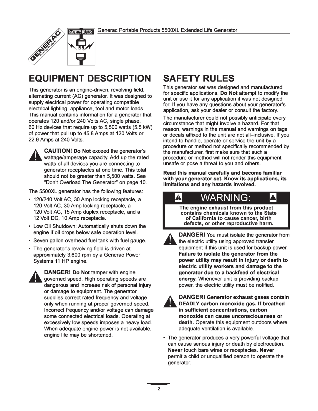 Generac 5500XL manual Equipment Description, Safety Rules 