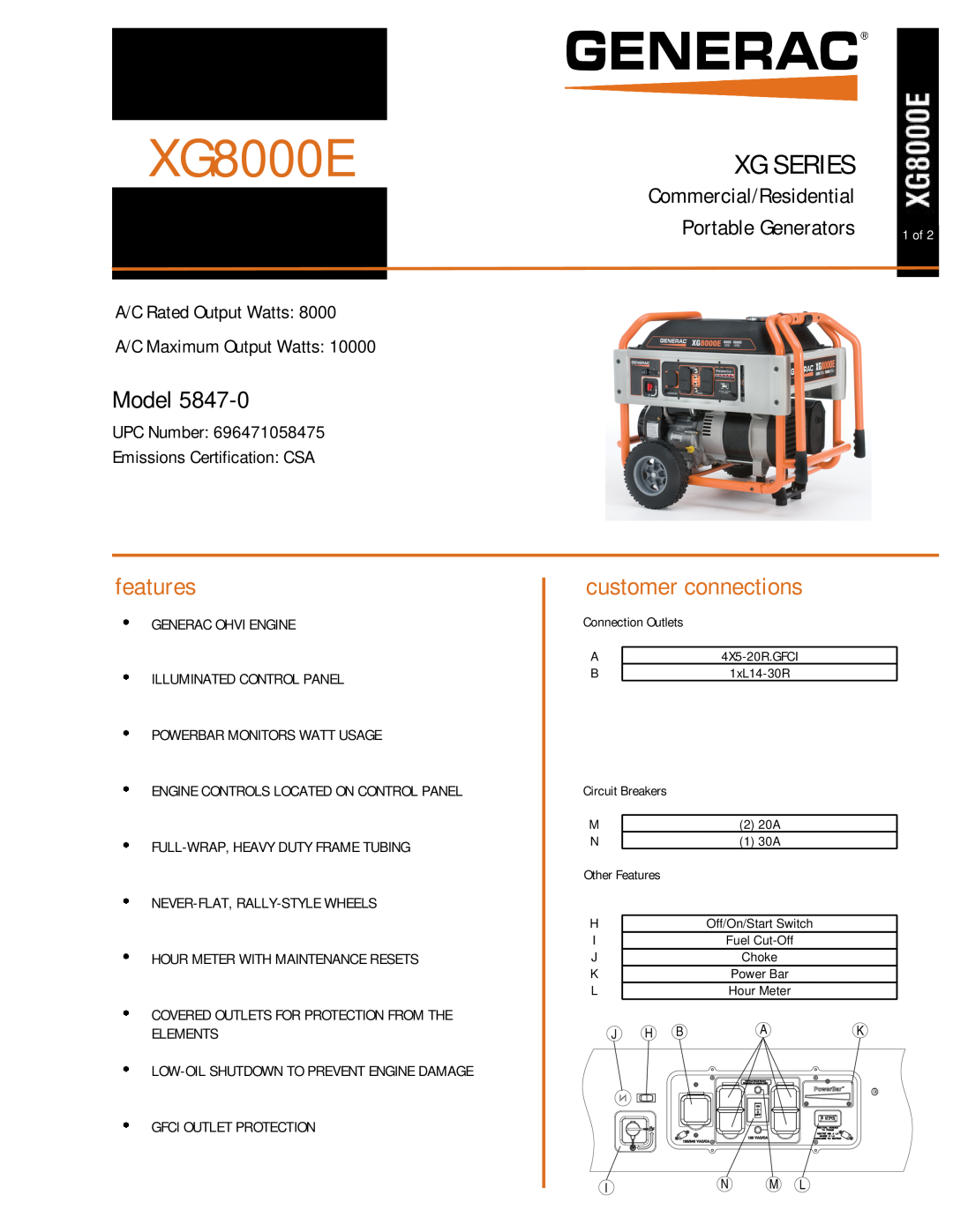 Generac 5847-0 manual Model, XG8000E, features, customer connections, Xg Series, UPC Number Emissions Certification CSA 