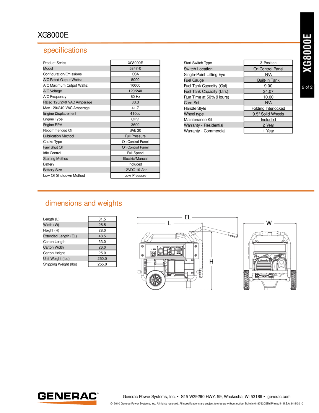 Generac 5847-0 manual XG8000E, specifications, dimensions and weights, 2 of 