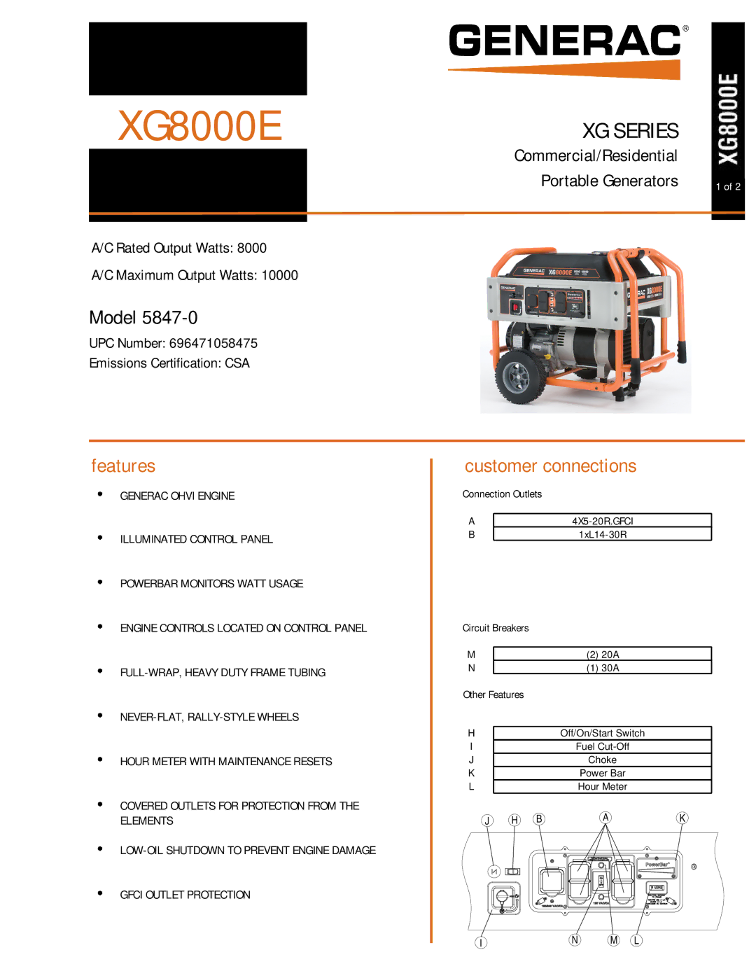 Generac 5847-0 manual XG8000E, Model, Features, Customer connections 