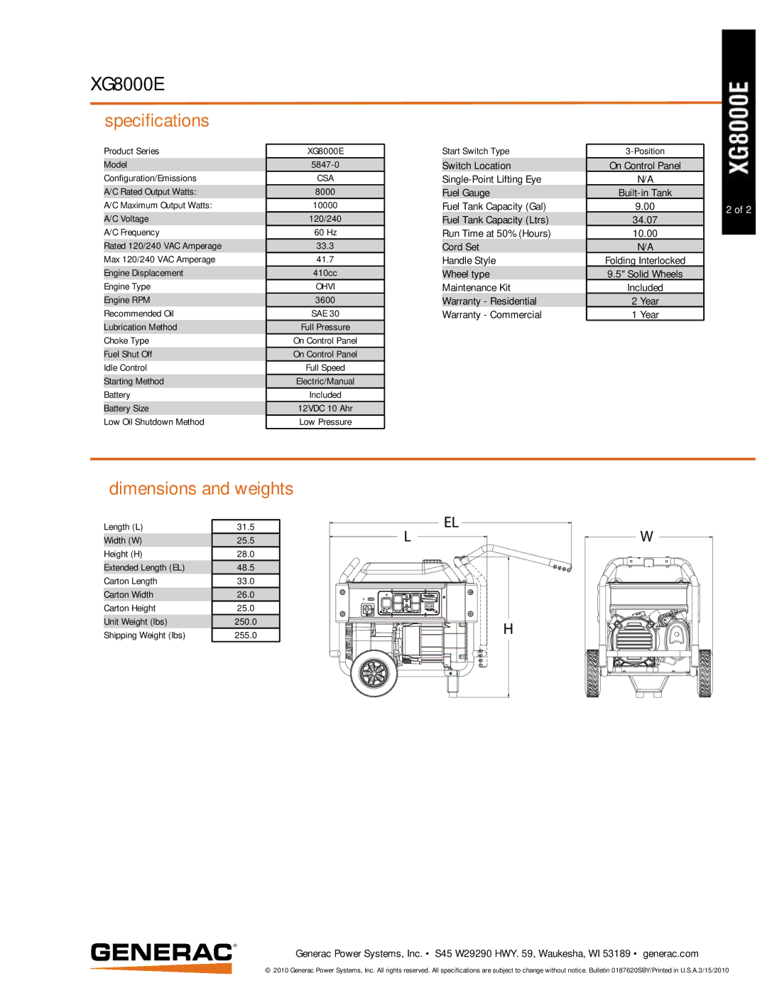 Generac 5847-0 manual XG8000E, Specifications, Dimensions and weights 