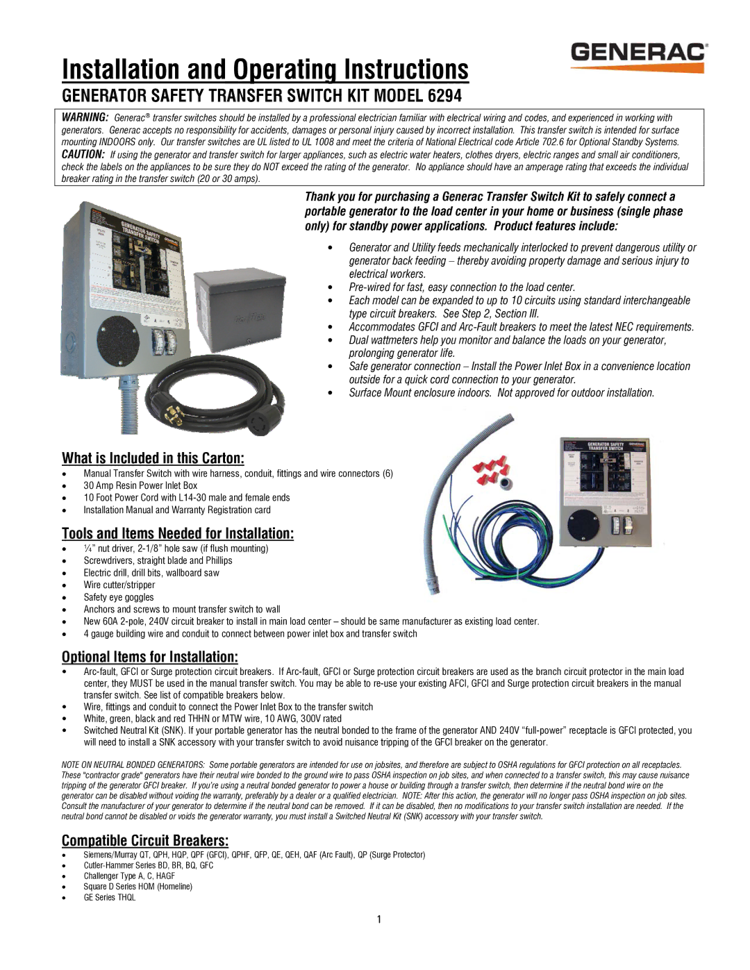 Generac 6294 installation manual Installation and Operating Instructions 