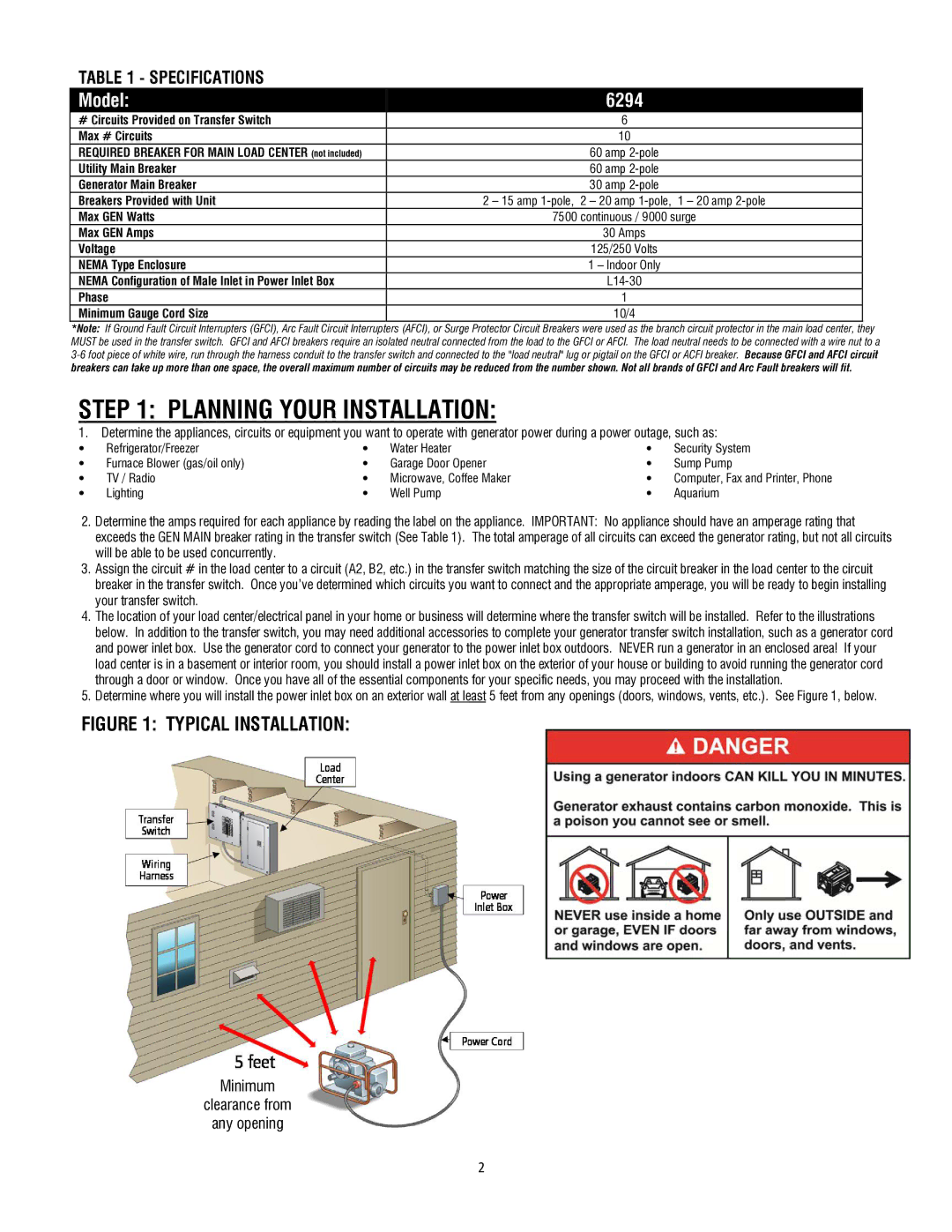 Generac installation manual Planning Your Installation, Model 6294 