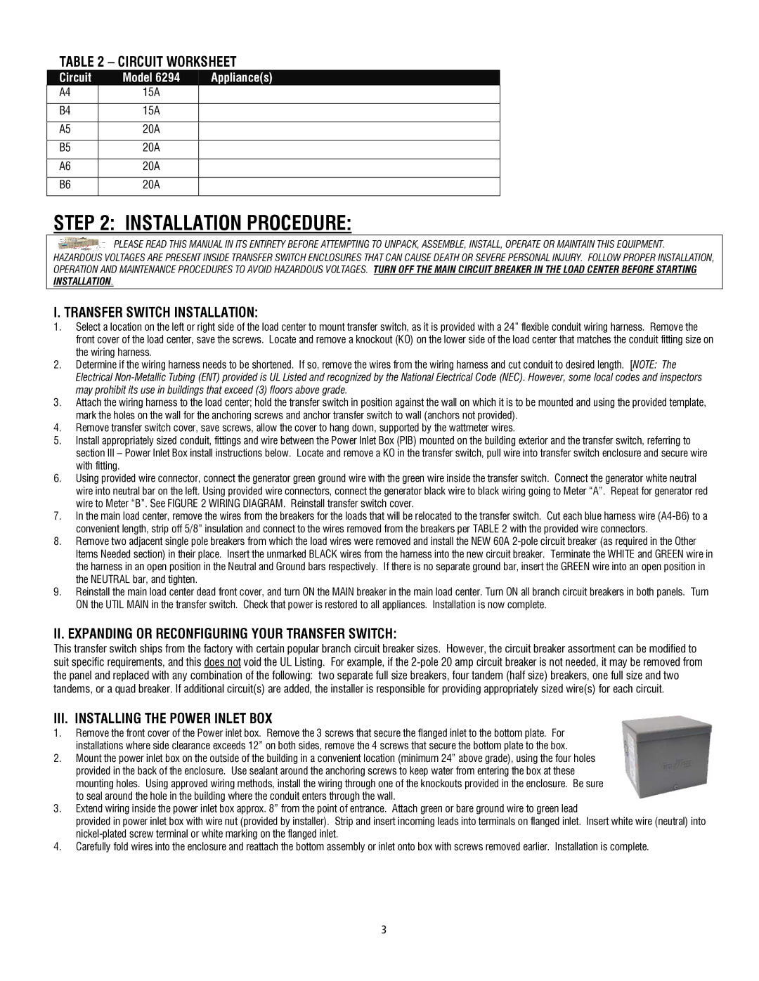 Generac 6294 installation manual Installation Procedure, Transfer Switch Installation 