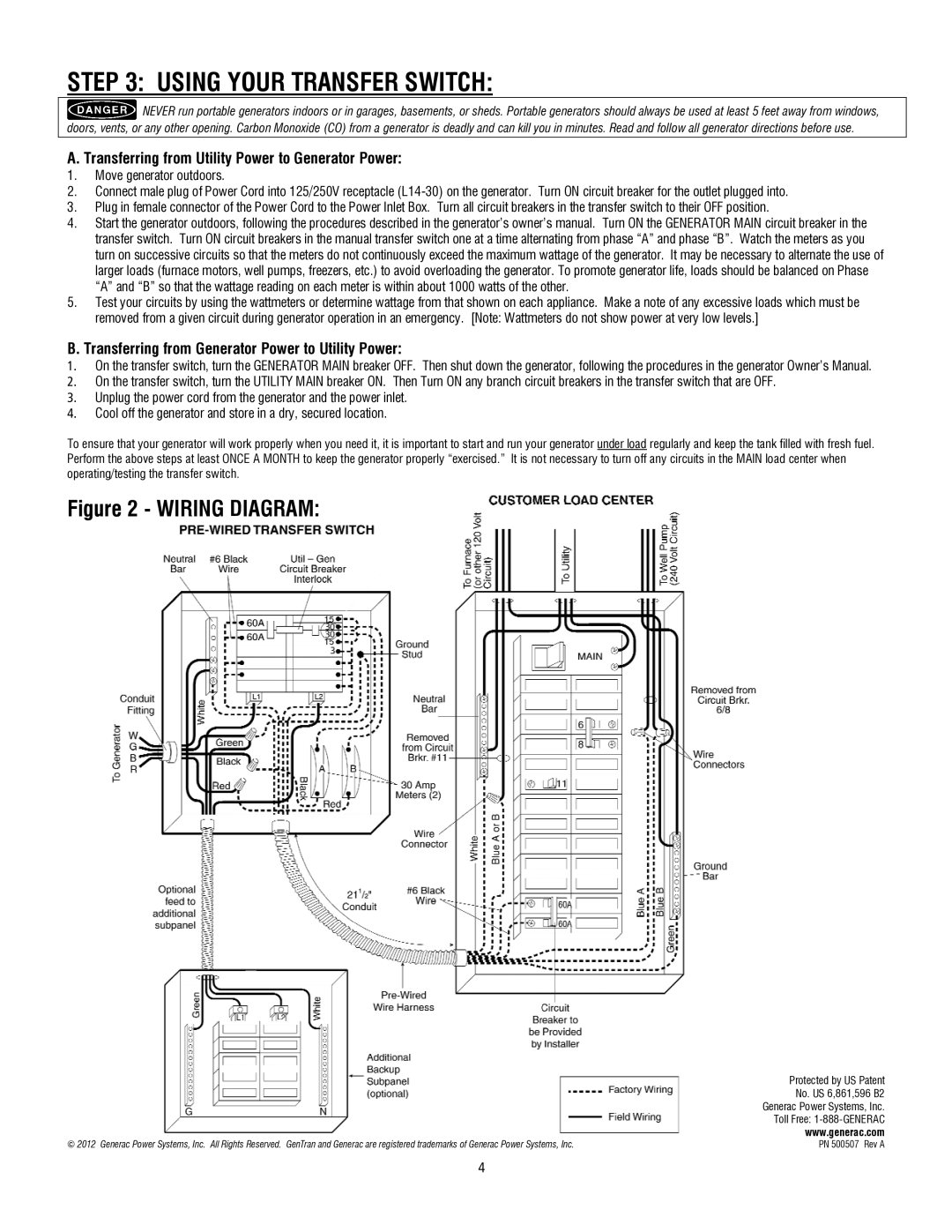 Generac 6294 installation manual Using Your Transfer Switch, Transferring from Utility Power to Generator Power 