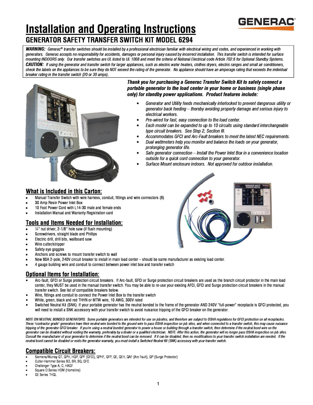 Generac 6294 installation manual Generator Safety Transfer Switch Kit Model, What is Included in this Carton 