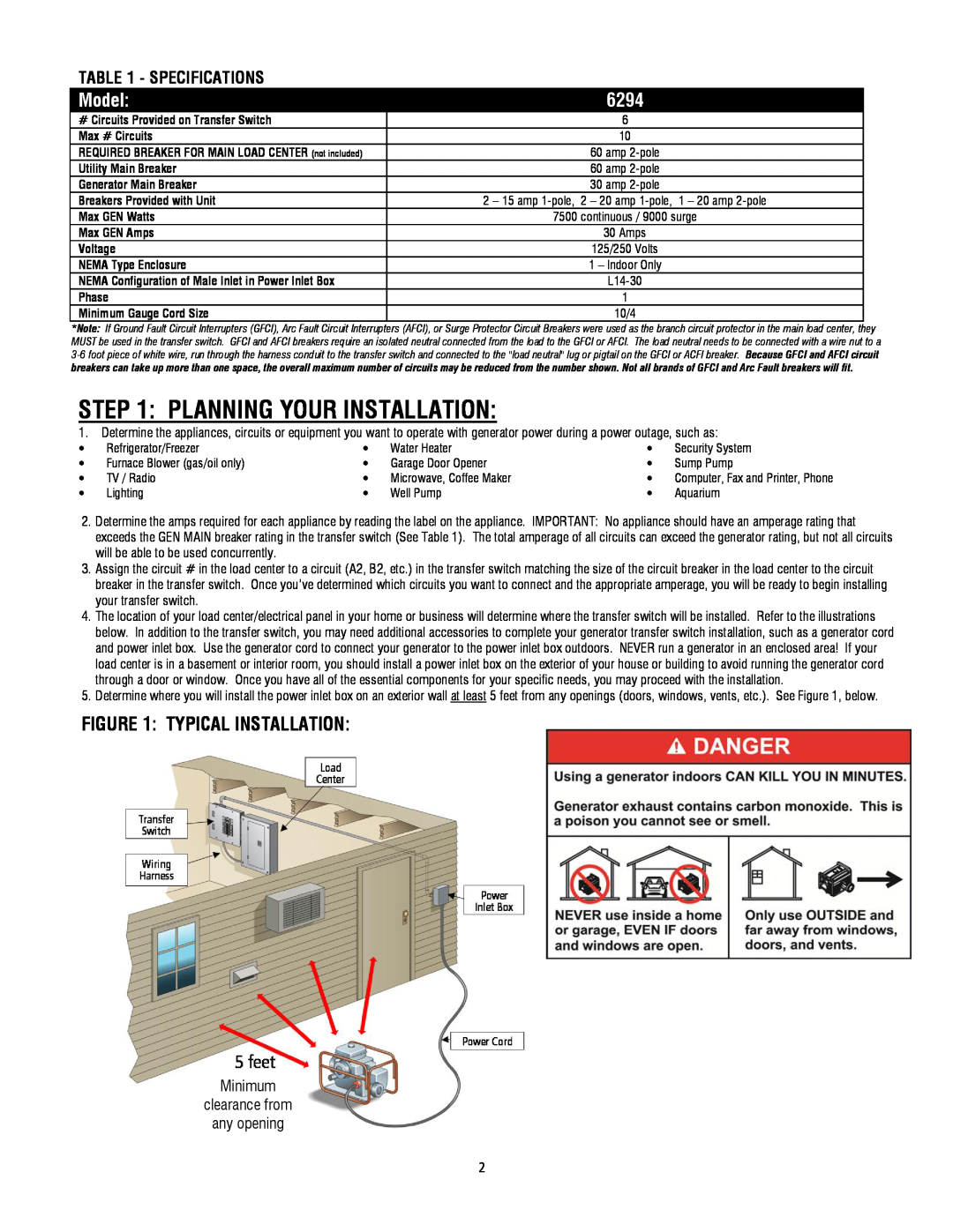 Generac 6294 Planning Your Installation, Typical Installation, Specifications, Model, Minimum clearance from any opening 