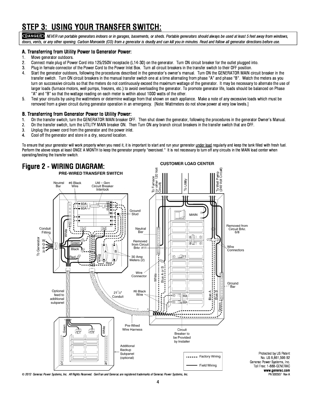 Generac 6294 Using Your Transfer Switch, Wiring Diagram, A. Transferring from Utility Power to Generator Power 
