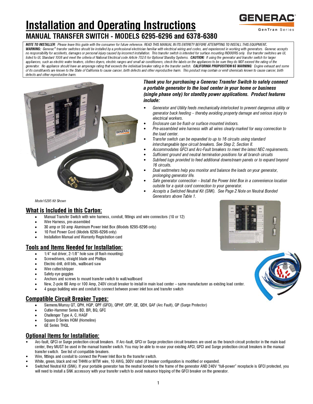 Generac 6379, 6380, 6378 operating instructions What is Included in this Carton, Tools and Items Needed for Installation 