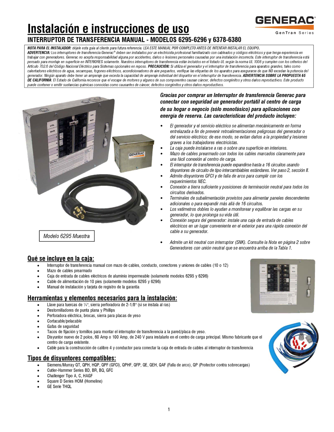 Generac 6380, 6379, 6378 Interruptor DE Transferencia Manual Modelos 6295-6296 y, Qué se incluye en la caja 