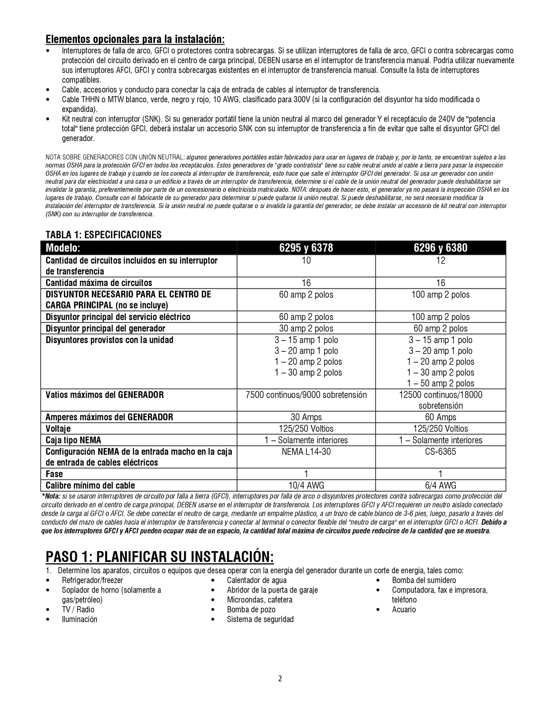 Generac 6379, 6380, 6378 operating instructions Paso 1 Planificar SU Instalación, Elementos opcionales para la instalación 