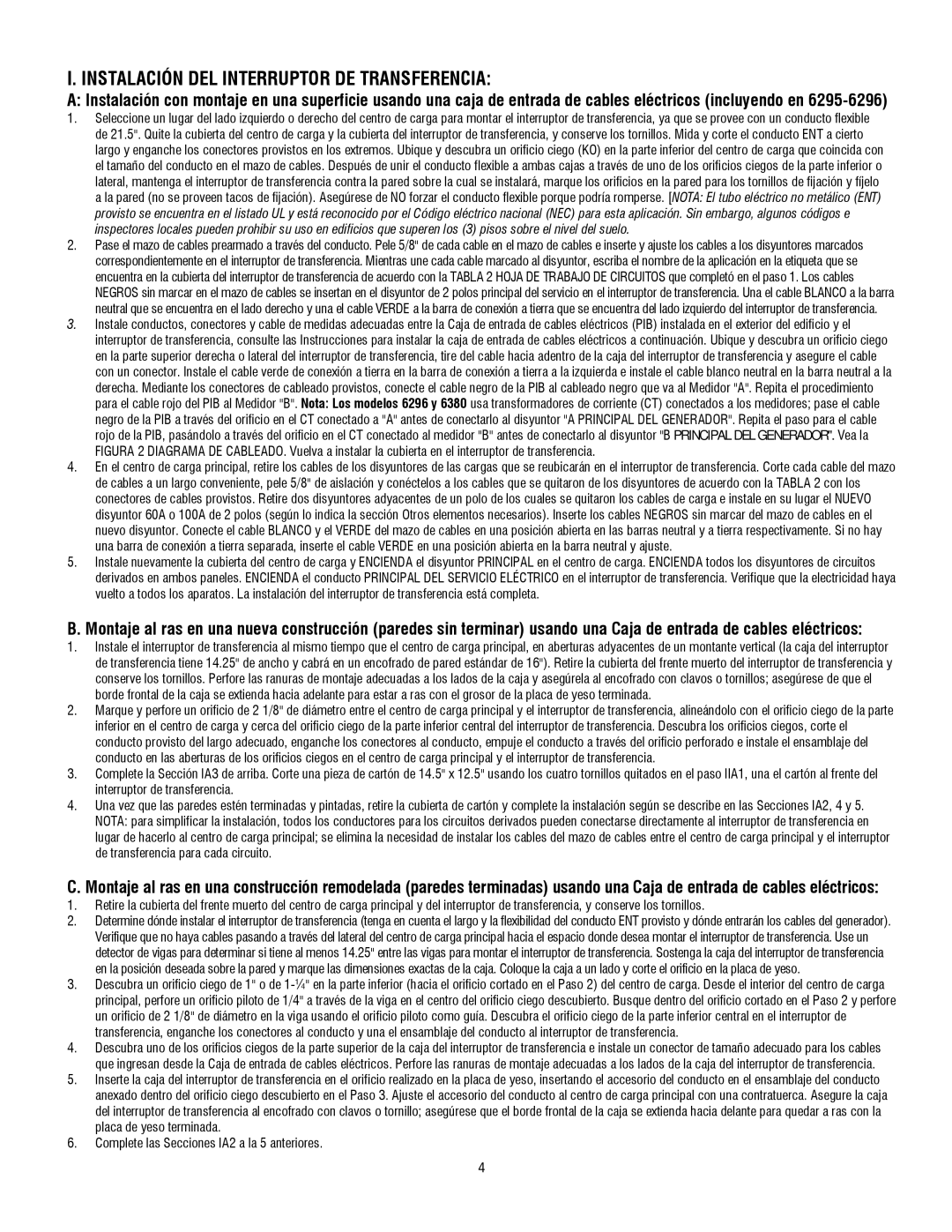 Generac 6380, 6379, 6378 operating instructions Instalación DEL Interruptor DE Transferencia 