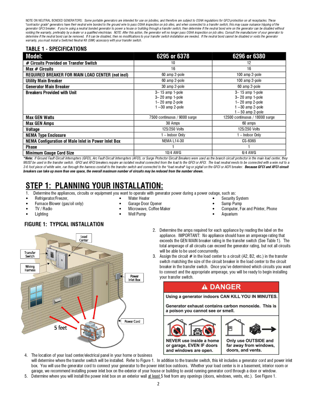 Generac 6378, 6380, 6379 operating instructions Planning Your Installation, Model 6295 or 6296 or 