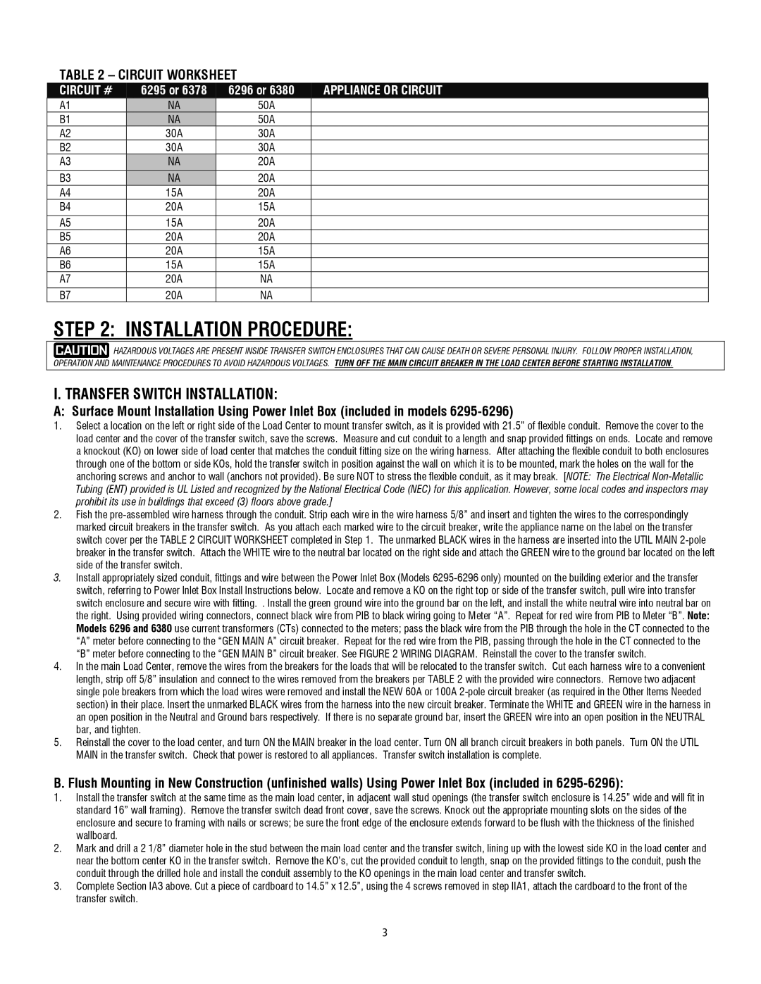 Generac 6380, 6379, 6378 operating instructions Installation Procedure, Transfer Switch Installation 