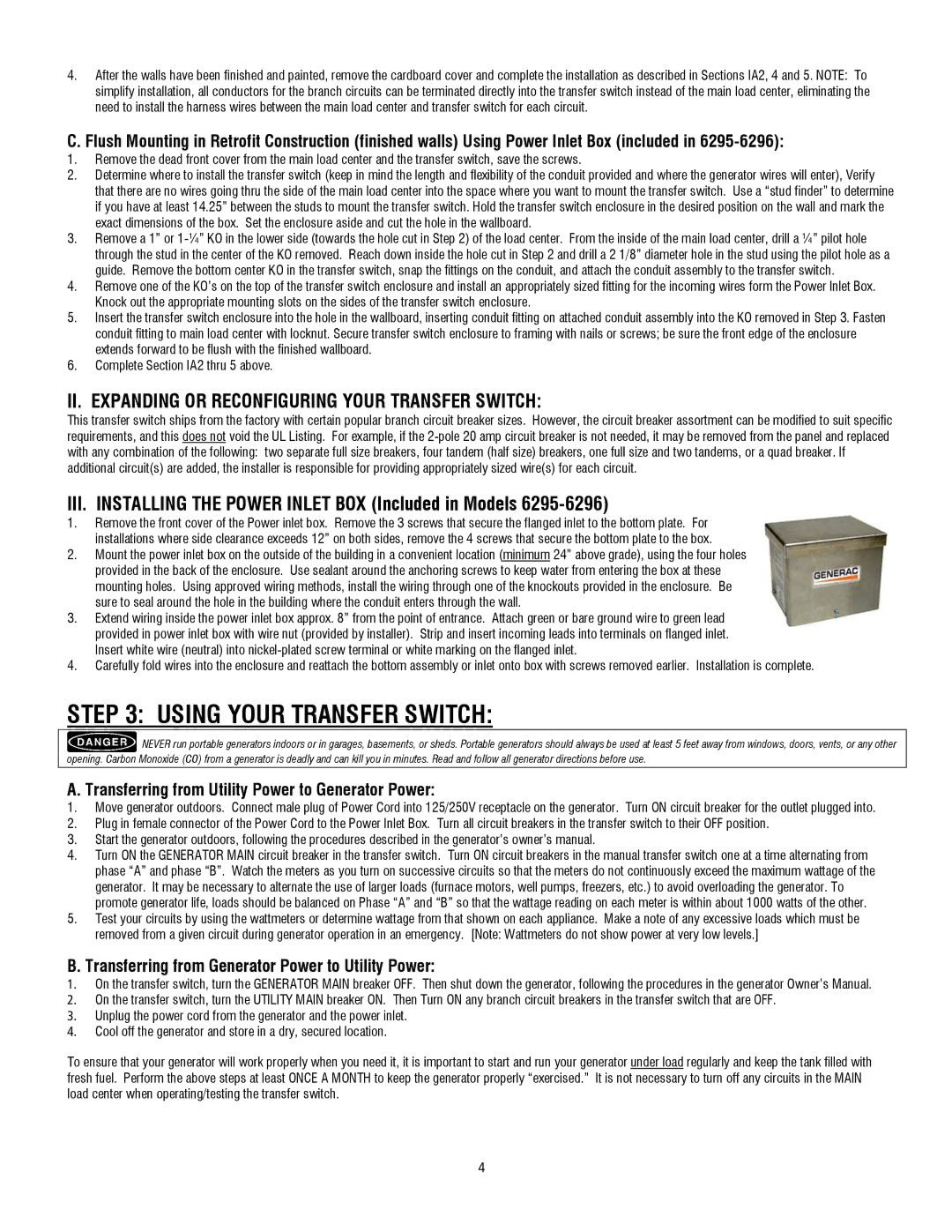 Generac 6379, 6380, 6378 Using Your Transfer Switch, II. Expanding or Reconfiguring Your Transfer Switch 