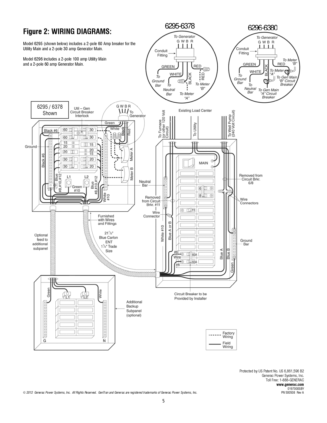 Generac 6379 operating instructions Wiring Diagrams 6295-6378 6296-6380 