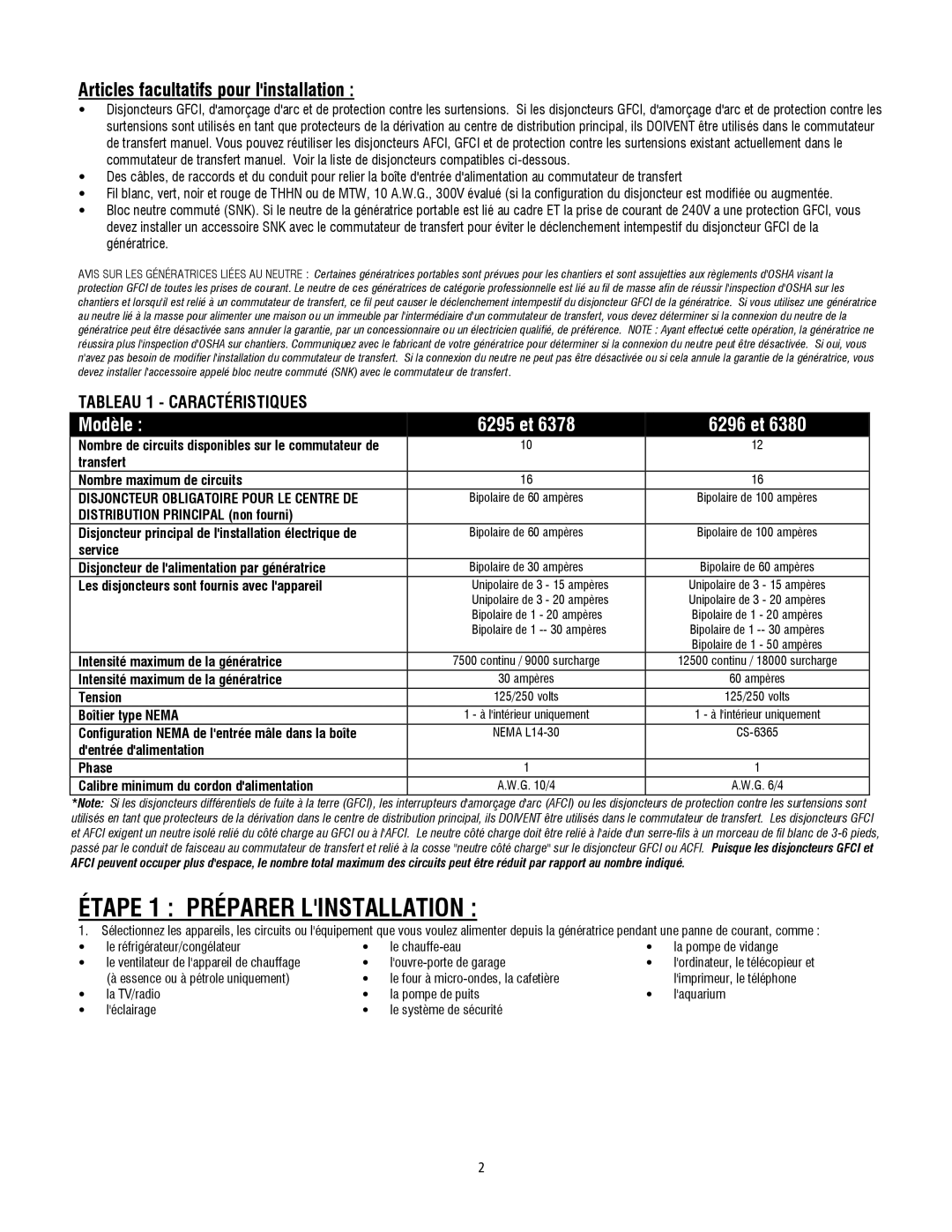 Generac 6379, 6380, 6378 operating instructions Étape 1 Préparer Linstallation, Articles facultatifs pour linstallation 