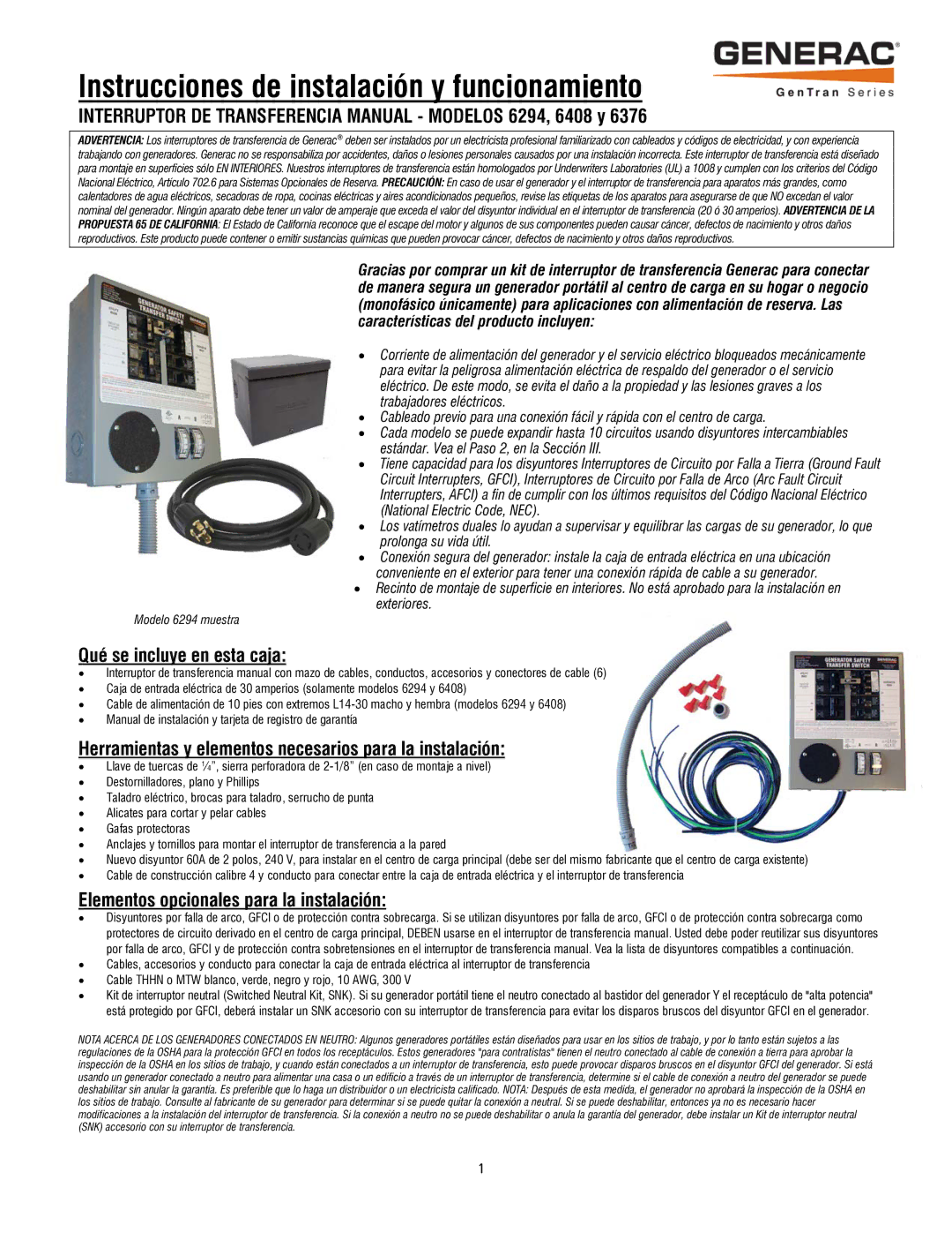 Generac operating instructions Interruptor DE Transferencia Manual Modelos 6294, 6408 y, Qué se incluye en esta caja 