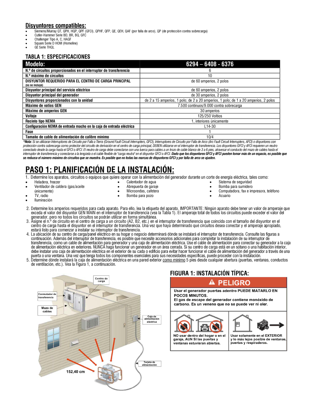 Generac Paso 1 Planificación DE LA Instalación, Disyuntores compatibles, Modelo 6294 6408, Tabla 1 Especificaciones 