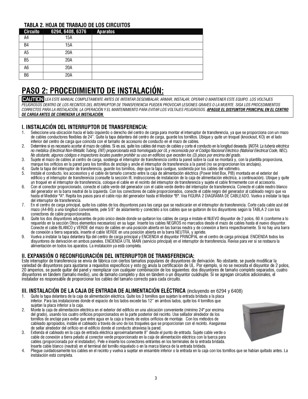 Generac 6408 operating instructions Paso 2 Procedimiento DE Instalación, Tabla 2. Hoja DE Trabajo DE LOS Circuitos 