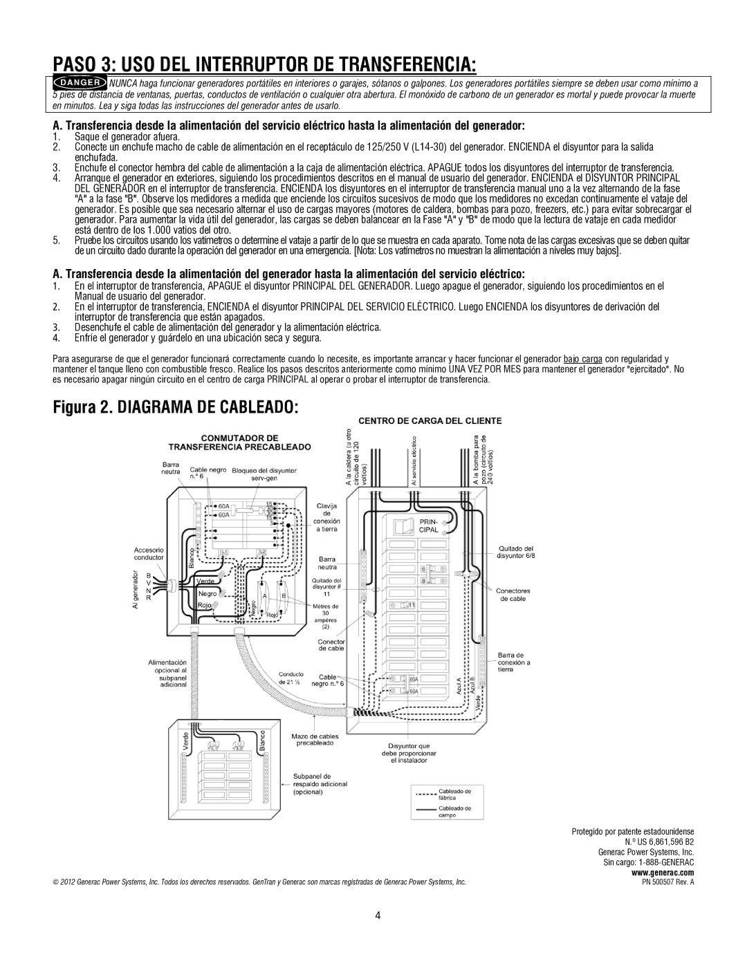 Generac 6408 operating instructions Paso 3 USO DEL Interruptor DE Transferencia, Sin cargo 1-888-GENERAC 