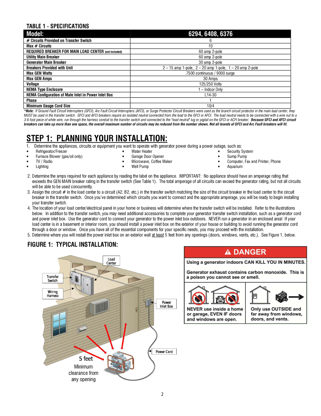 Generac operating instructions Planning Your Installation, Model 6294, 6408, Specifications 