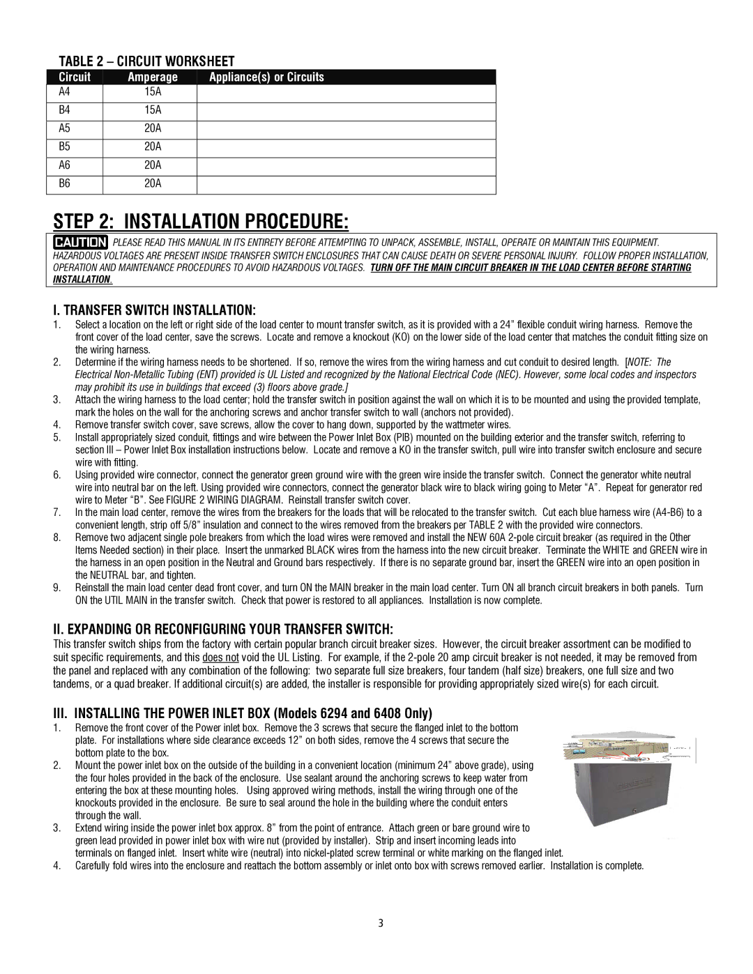 Generac 6408 operating instructions Installation Procedure, Circuit Worksheet, Transfer Switch Installation 