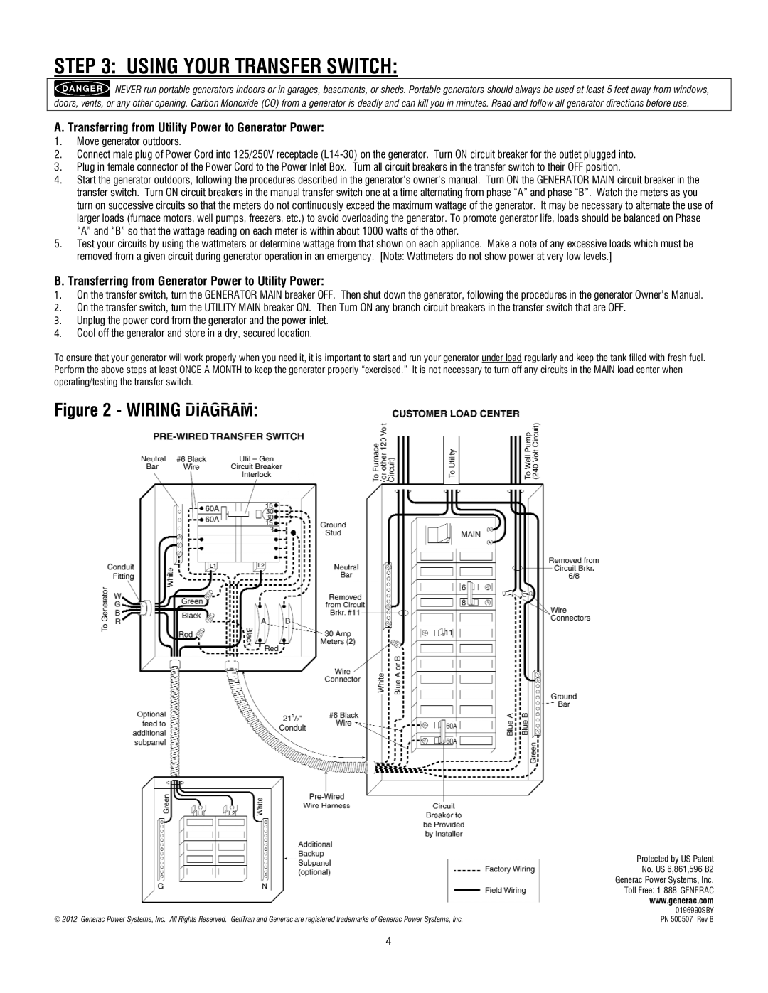 Generac 6408 operating instructions Using Your Transfer Switch, Transferring from Utility Power to Generator Power 