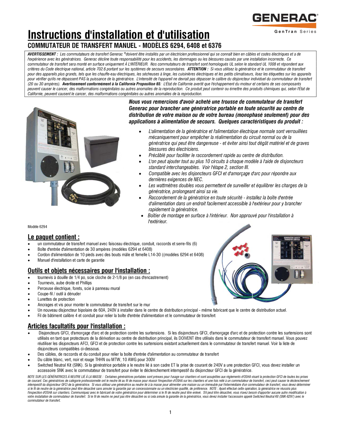 Generac operating instructions Commutateur DE Transfert Manuel Modèles 6294, 6408 et, Le paquet contient 