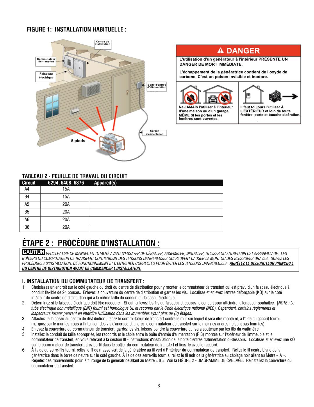 Generac 6408 operating instructions Étape 2 Procédure Dinstallation, Tableau 2 Feuille DE Travail DU Circuit 