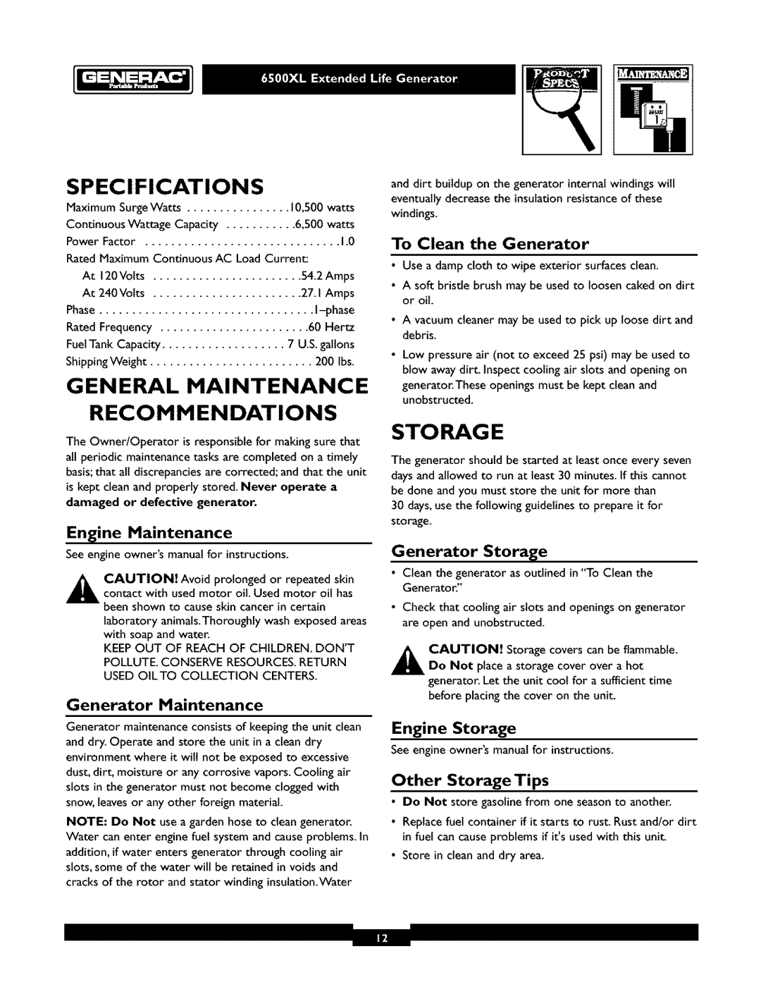 Generac 6500XL Specifications, General Maintenance Recommendations, Sto Rag E, Engine Maintenance, Generator Maintenance 