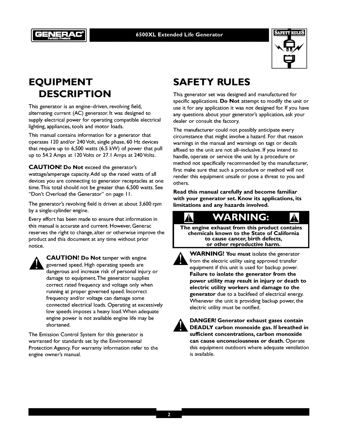 Generac 6500XL owner manual Equipment Description, Safety Rules, DANGER! Generator exhaust gases contain 