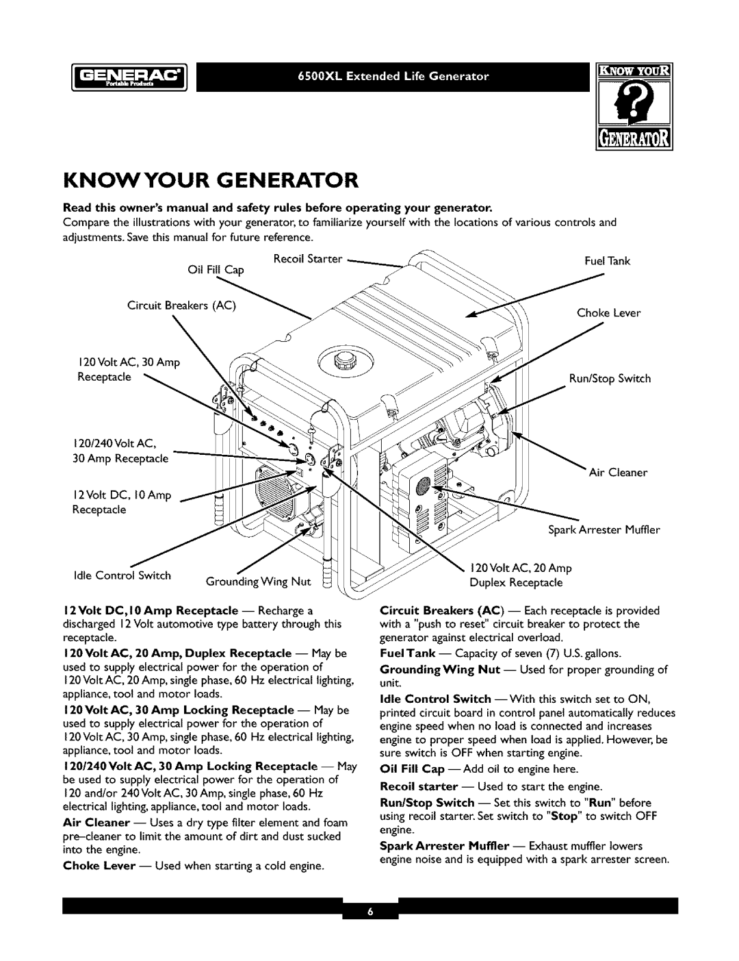 Generac 6500XL owner manual Knowyour Generator, FuelTank 