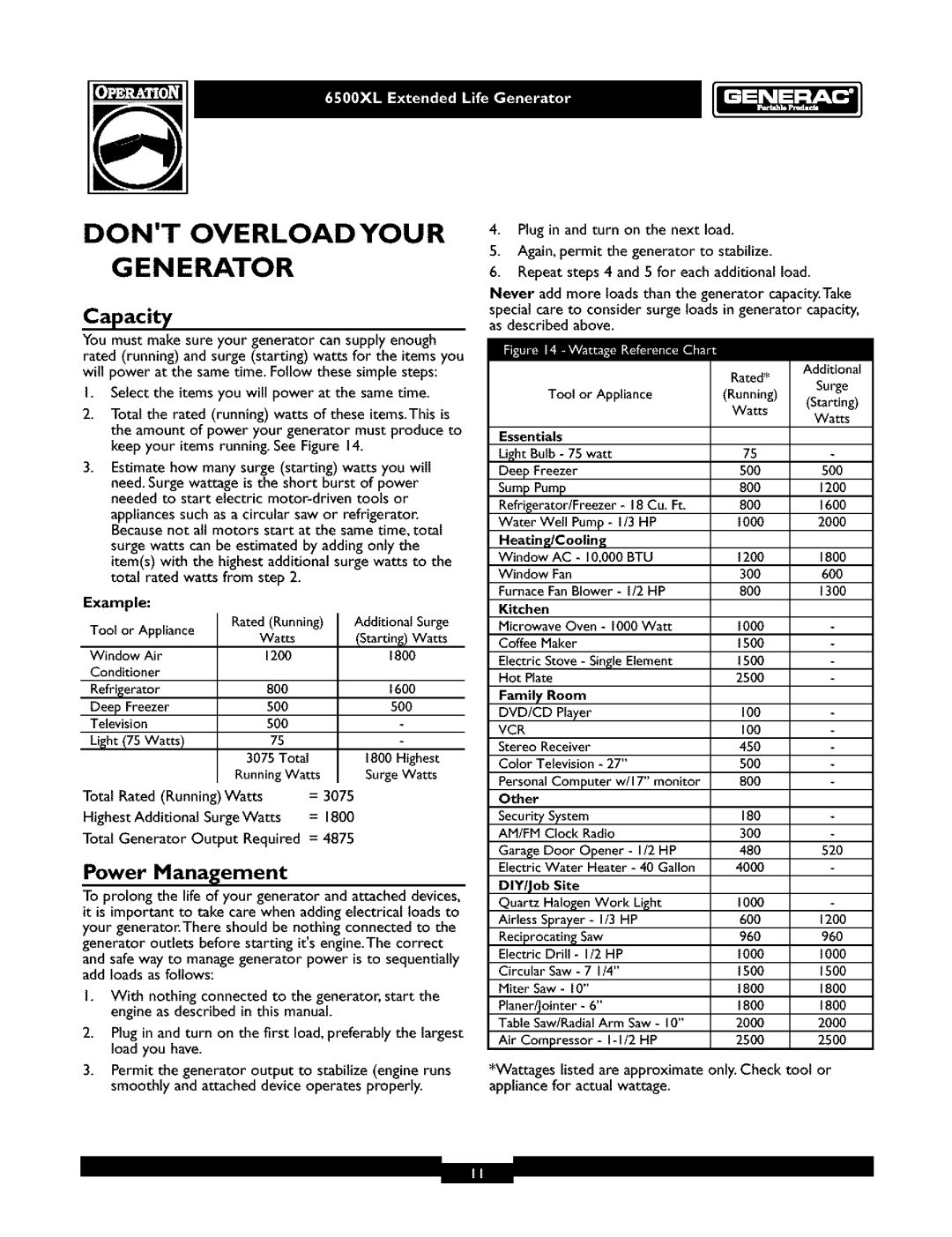 Generac 6500XL owner manual Dont Overload YOU R Generator, Power Management, Example 