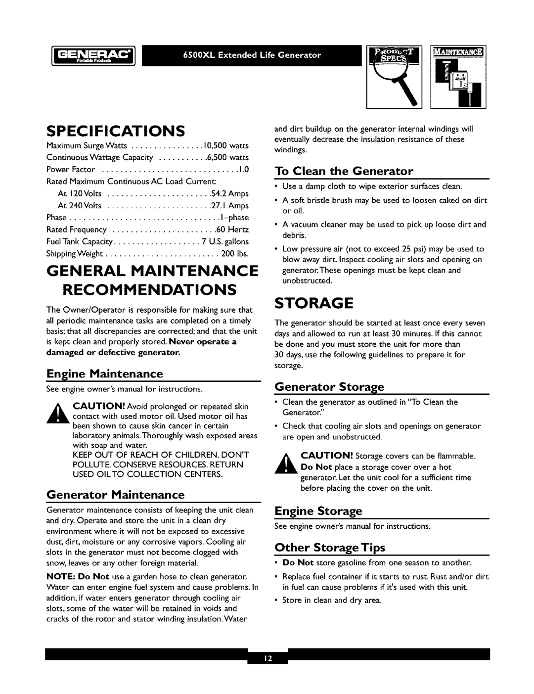 Generac 6500XL owner manual Specifications, General Maintenance Recommendations, Sto Rag E 