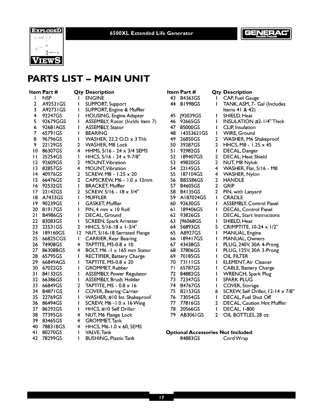 Generac 6500XL owner manual Parts LIST- Main Unit, Qty Description, Optional Accessories Not Included 