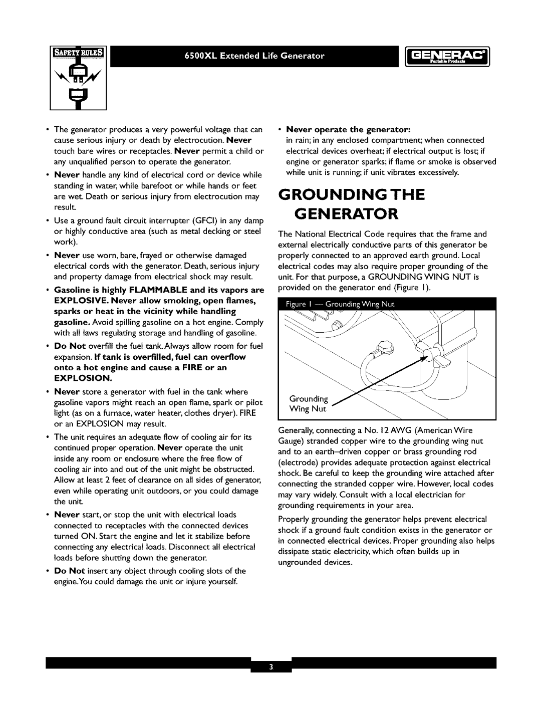 Generac 6500XL owner manual Grounding EN Erato R, Onto a hot engine and cause a Fire or an, Explosion 