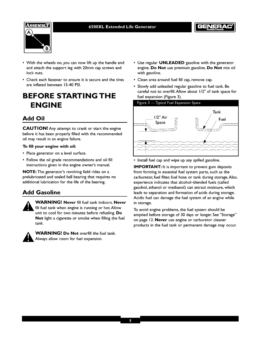 Generac 6500XL owner manual Before Starting Engine, Add Oil, Add Gasoline, To fill your engine with oil 