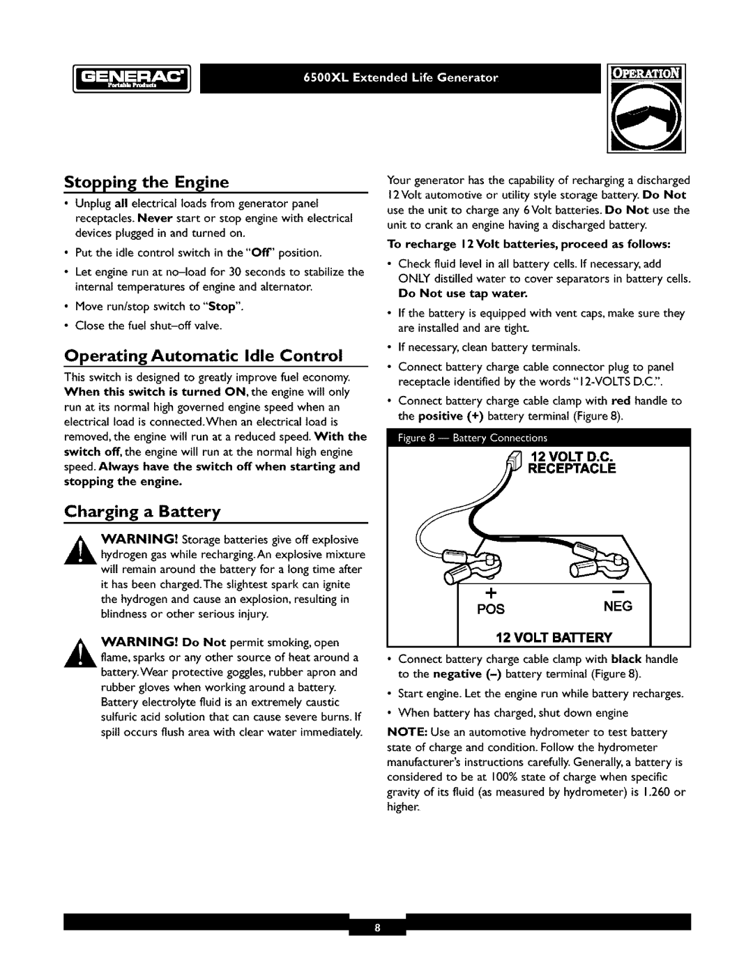 Generac 6500XL owner manual Operating Automatic Idle Control, Receptacle, Arning 