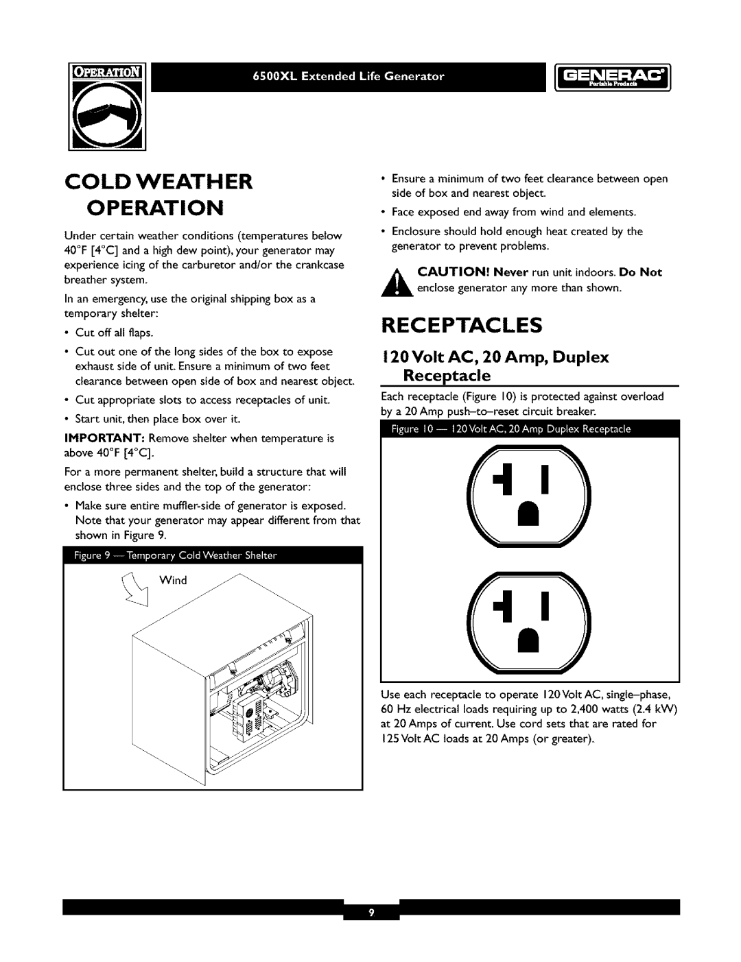 Generac 6500XL owner manual Cold Weath ER Operation, Receptacles, Volt AC, 20 Amp, Duplex Receptacle 