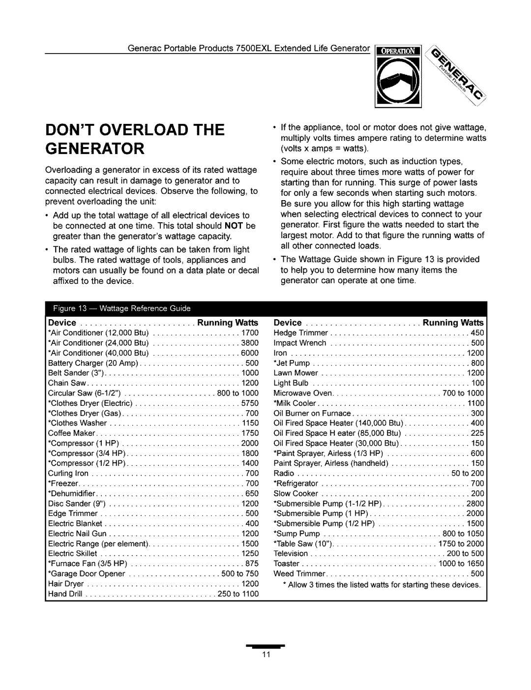 Generac 7500 owner manual Dont Overload The Generator 