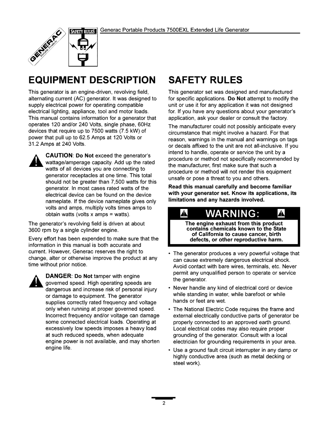Generac 7500 owner manual Equipment Description, Safety Rules, engine life 