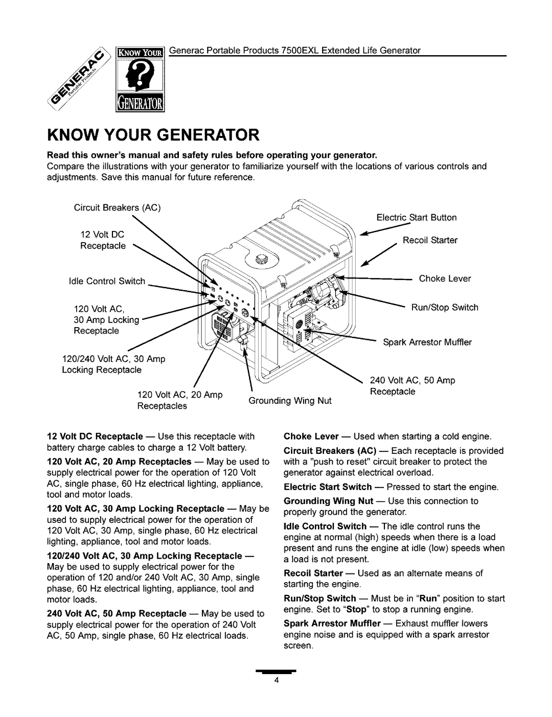 Generac 7500 owner manual Know Your Generator 