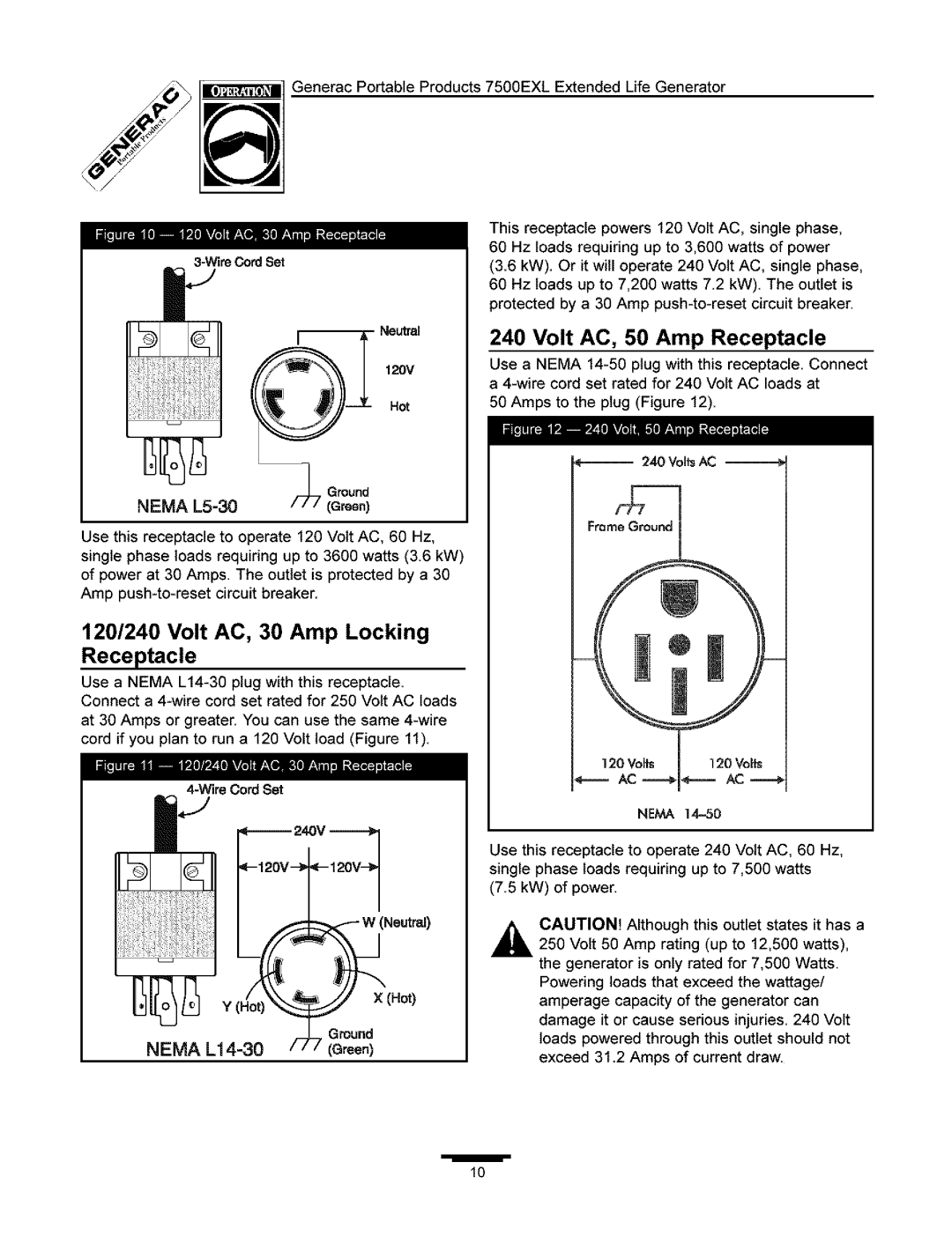 Generac 7500 owner manual Volt AC, 50 Amp Receptacle, 120/240 Volt AC, 30 Amp Locking Receptacle, Hot Ground 