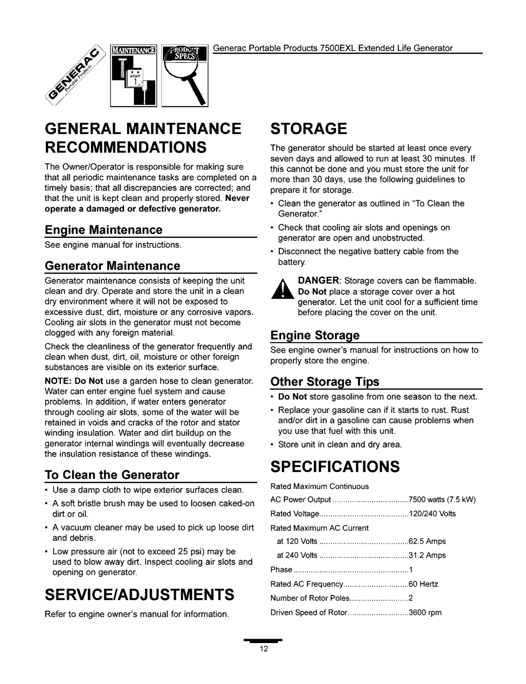 Generac 7500 owner manual General Maintenance Recommendations, Storage, SERVICE/ADJUSTMENTS Specifications 