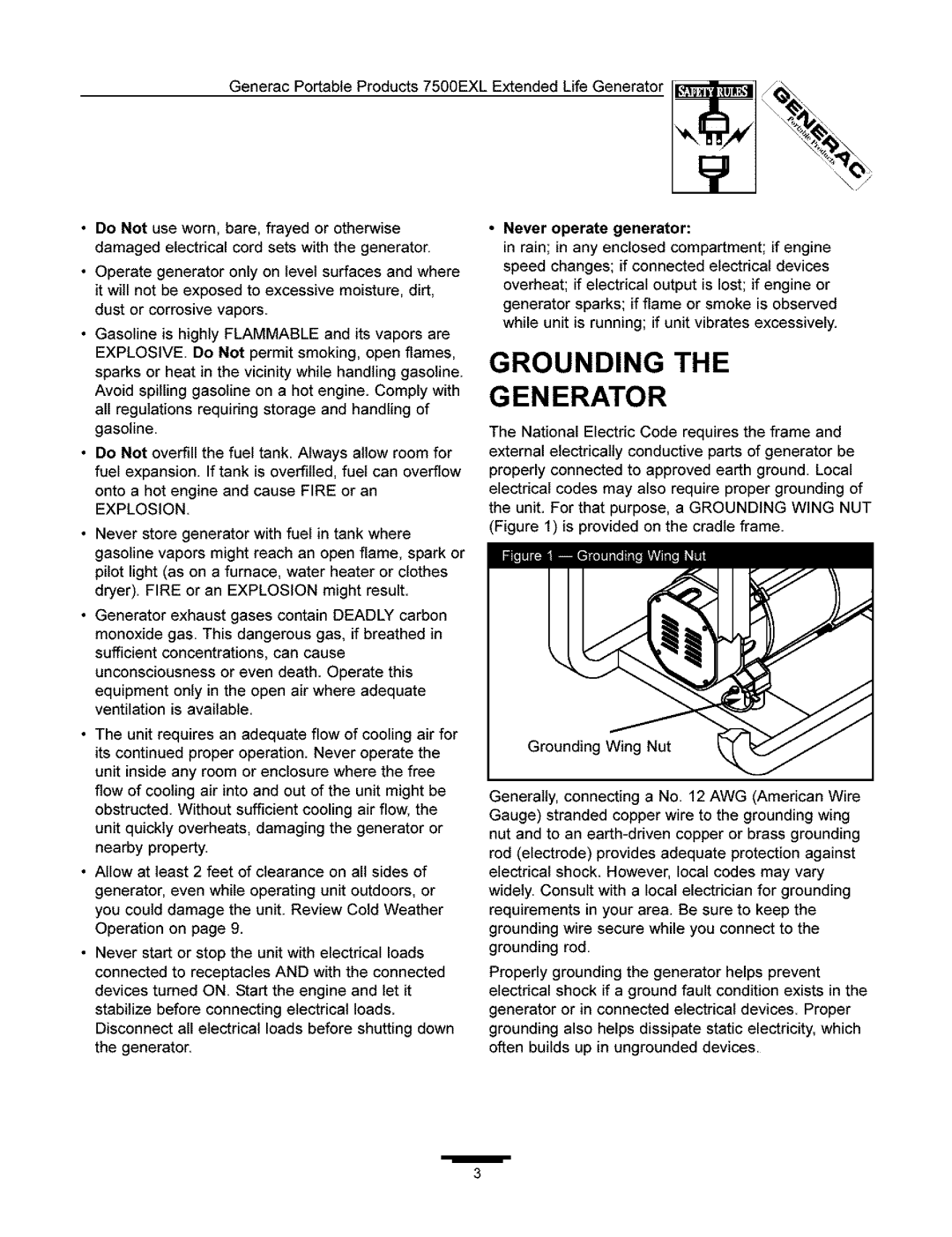 Generac 7500 owner manual Grounding Generator, Never operate generator 