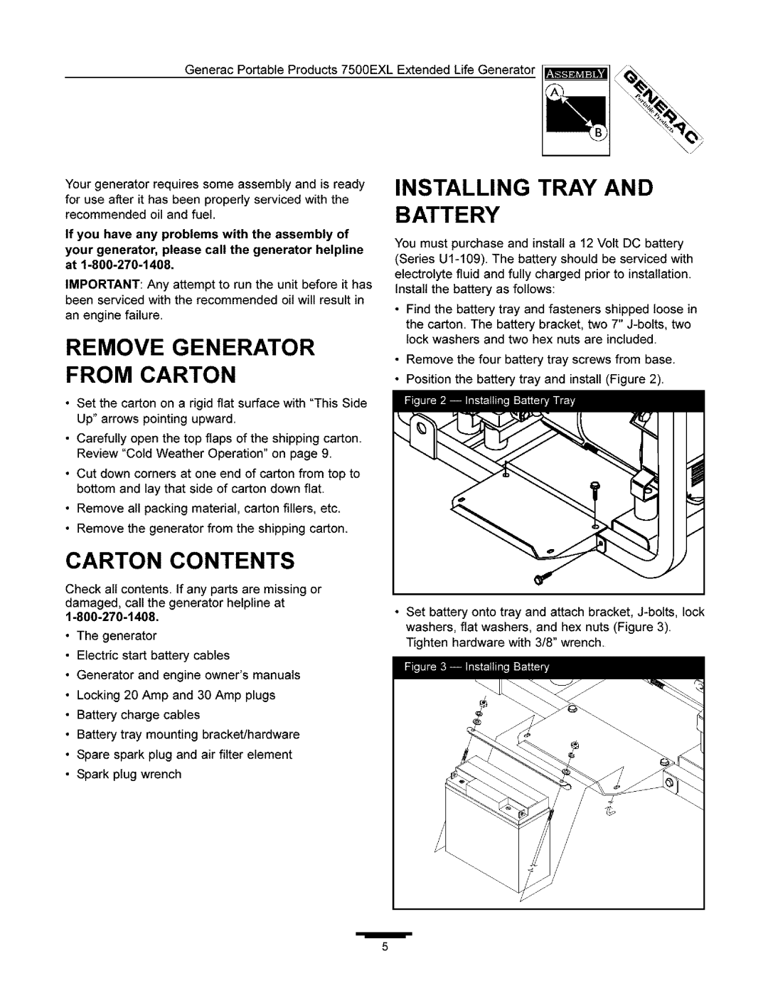 Generac 7500 owner manual Remove Generator, From Carton, Installing Tray and Battery, Carton Contents 